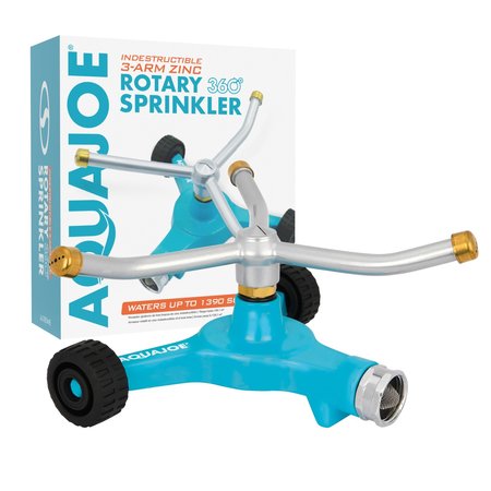 AQUA JOE Indestructible Series Metal 3-Arm Rotating Sprinkler w/ Wheeled 8 In Base AJ-TRSWB
